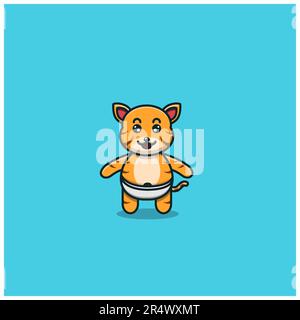 Tigre cute del bambino. Personaggio, mascotte, icona e Cute Design. Vettore e illustrazione. Illustrazione Vettoriale