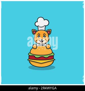 Simpatico Chef Tiger Baby su hamburger. Personaggio, mascotte, icona e Cute Design. Vettore e illustrazione. Illustrazione Vettoriale