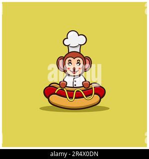 Simpatico Chef scimmia bambino su hot Dog. Personaggio, mascotte, Logo, Cartoon, icona, E Cute Design. Vettore e illustrazione. Illustrazione Vettoriale