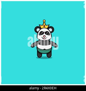 Simpatico panda bambino con corona e occhiali. Carattere, Logo, icona e ispirazione Design. Vettore e illustrazione. Illustrazione Vettoriale