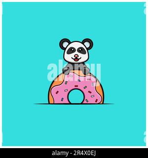 Cute Baby Panda su Big Donut. Carattere, Logo, icona e ispirazione Design. Vettore e illustrazione. Illustrazione Vettoriale