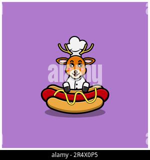 Carino bambino Deer Chef carattere wtih Hotdog. Personaggio, mascotte, icona e Cute Design. Vettore e illustrazione. Illustrazione Vettoriale