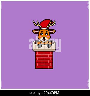 Carino bambino Santa Deer personaggio sulla casa Chimney. Personaggio, mascotte, icona e Cute Design. Vettore e illustrazione. Illustrazione Vettoriale
