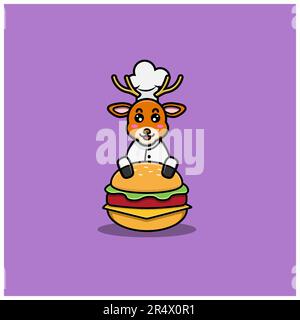 Carino personaggio Chef del piccolo Cervo con hamburger. Personaggio, mascotte, icona e Cute Design. Vettore e illustrazione. Illustrazione Vettoriale