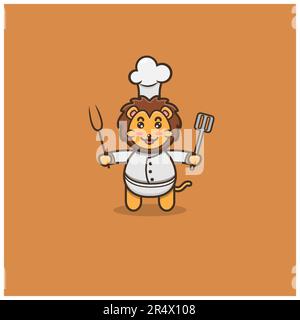 Carino Lion Chef bambino. Personaggio, mascotte, icona, Logo, Cartoon e Cute Design. Vettore e illustrazione. Illustrazione Vettoriale