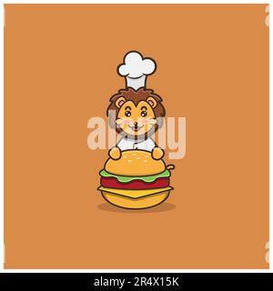 Carino Lion Chef bambino sul Burger. Personaggio, mascotte, icona, Logo, Cartoon e Cute Design. Vettore e illustrazione. Illustrazione Vettoriale