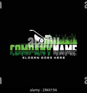 Illustrazione grafica vettoriale della cura del prato, servizi di paesaggio, modello di disegno del logo del concetto di erba Illustrazione Vettoriale