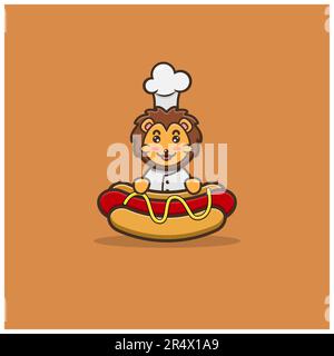 Carino cucciolo Lion Chef su hot Dog. Personaggio, mascotte, icona, Logo, Cartoon e Cute Design. Vettore e illustrazione. Illustrazione Vettoriale