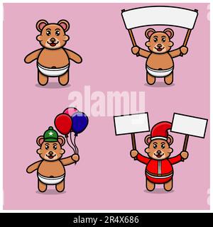 Set di carino Baby Bear personaggio con varie pose. Porta banner, palloncini e banner di natale. Vettore e illustrazione. Illustrazione Vettoriale