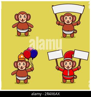 Set di personaggi delle scimmie cute Baby con varie pose. Porta banner, palloncini e banner di natale. Vettore e illustrazione. Illustrazione Vettoriale