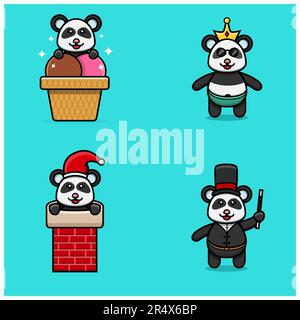 Set di carino Baby Panda personaggio con varie pose. Su gelato, Chinmey, indossare corona e costume mago. Vettore e illustrazione. Illustrazione Vettoriale