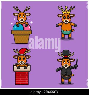 Set di carino bambino cervo con varie pose. Su gelato, Chinmey, indossare corona e costume mago. Vettore e illustrazione. Illustrazione Vettoriale