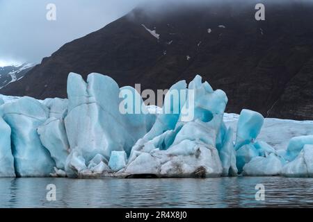 Primo piano degli iceberg e delle formazioni di ghiaccio blu del ghiacciaio Fjallsjokull, viste dalla laguna del ghiacciaio Fjallsarlon, all'estremità meridionale del fiume fa... Foto Stock