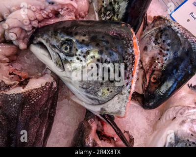 Teste di pesce in vendita in un mercato aperto di Parigi, Francia. Primo piano sulla rappresentazione degli ingredienti alimentari Foto Stock