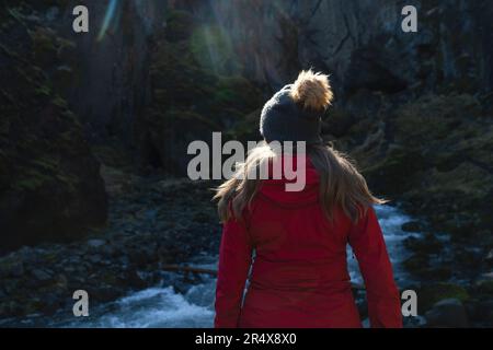 Vista da dietro di una donna che esplora i canyon e il paesaggio di Thorsmork, un'area di eccezionale bellezza nel sud dell'Islanda Foto Stock