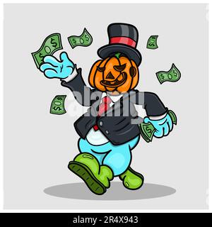 Mascot di Pumpkin ricco gettando soldi. Illustrazione della clip art. vettore e illustrazione Illustrazione Vettoriale