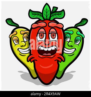 Tre Mascotte Funny Chilli Pepper Character Design. Vettore di ritaglio. Vettore e illustrazione Illustrazione Vettoriale