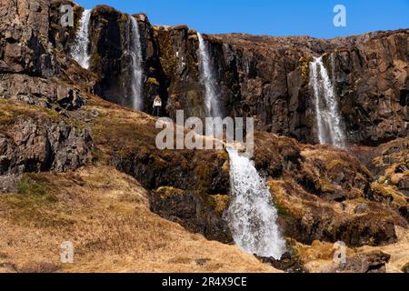 Vista panoramica di una donna in piedi su un pendio a lato di una scogliera di fronte a una serie di cascate, alcune sopra e sotto, che scorrono dalle scogliere scoscese di T... Foto Stock