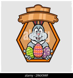 Mascotte coniglio Cartoon con tre uova Logo. Tema di buona Pasqua. Vettore e illustrazione Illustrazione Vettoriale