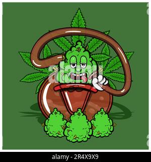 Mascotte di Weed Cartoon su Bong Glass Smoke e sfondo Marijuana. Art. Ritaglio vettore Vettore e illustrazione Illustrazione Vettoriale