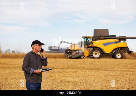 Agricoltore che utilizza un tablet per gestire il raccolto e parlare sul cellulare con una mietitrebbia che si scarica su un carrozzino di grano sullo sfondo Foto Stock