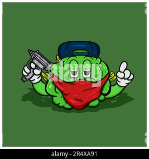 Cartoon Mascot di Weed Bud con stile Gun e mafia. Vettore e illustrazione Illustrazione Vettoriale