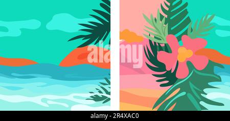 Ciao estate. Set di striscioni estivi con colorate foglie tropicali, mare, fiori. Il concetto di relax. I modelli sono perfetti per annunci, banner, siti Web, poster. Grafica vettoriale. Illustrazione Vettoriale
