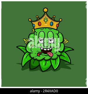 Mascotte di cartone animato di Weed Bud che indossa la corona. Adatto per marchi, logo, adesivi, design per t-shirt e altri prodotti. Vettore e illustrazione Illustrazione Vettoriale