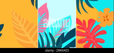 Ciao estate. Set di striscioni estivi con coloratissime foglie tropicali, fiori. Concetto di relax. I modelli sono ideali per pubblicità, banner, siti Web, poster. Grafica vettoriale. Illustrazione Vettoriale