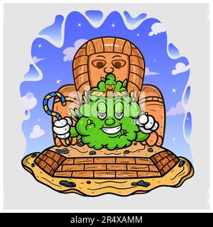 Cartone animato Mascot di Weed Bud con re di Egitto in Piramide. Vettore e illustrazione Illustrazione Vettoriale