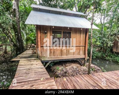 Rustico resort nella giungla sul Rio Dulce, Guatemala Foto Stock