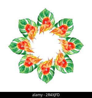 Onstera lovebird pappagallo wreath dipinto in acquerello isolato sfondo bianco disegnato a mano perfetto per la progettazione di carte, invito, scrapbooking, tessuto pr Foto Stock