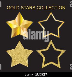 Collezione Gold Stars. Set di 4 diverse stelle dorate a cinque punti. Illustrazione Vettoriale