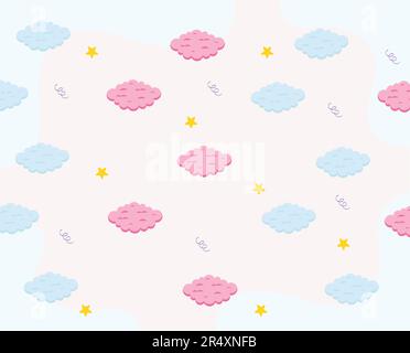 Cute Baby Blue e Pink Clouds, Yellow Stars e Confetti Vector senza cuciture. Illustrazione Vettoriale