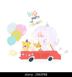 Festa di compleanno biglietto di auguri disegno. Volpe, elefante, leone e coniglio in auto per festeggiare il compleanno Illustrazione Vettoriale