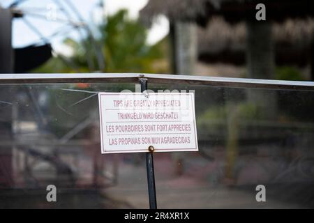 Everglades, Florida, Stati Uniti. 8th maggio, 2023. Un cartello di suggerimento incoraggiato su un idroscivolante, che chiede ai turisti di fornire mance in denaro al pilota della barca. Cultura del ribaltamento, schermo del ribaltamento. Coltura del puntale, schermata del puntale. (Credit Image: © Taidgh Barron/ZUMA Press Wire) SOLO PER USO EDITORIALE! Non per USO commerciale! Foto Stock