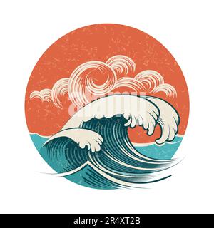 Ocean Wave vintage Stormy Summer Surf Tramonto modello retro Design isolato su bianco. Illustrazione vettoriale Illustrazione Vettoriale