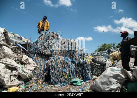 Un lavoratore dispone balle di plastica in un impianto di riciclaggio a Nakuru. I negoziatori si sono riuniti a Parigi, in Francia, per la seconda tornata di deliberazioni volte a sviluppare un trattato globale volto ad affrontare la crescente questione dell’inquinamento della plastica. Secondo un recente rapporto del programma delle Nazioni Unite per l'ambiente (UNEP), i paesi hanno il potenziale di ridurre l'inquinamento della plastica del 80% entro il 2040 eliminando le plastiche non necessarie, implementando strategie di riciclaggio e riutilizzo, introducendo sistemi di restituzione dei depositi e sostituendo la plastica con materiali alternativi sostenibili. (Foto di James Wakibia/SO Foto Stock