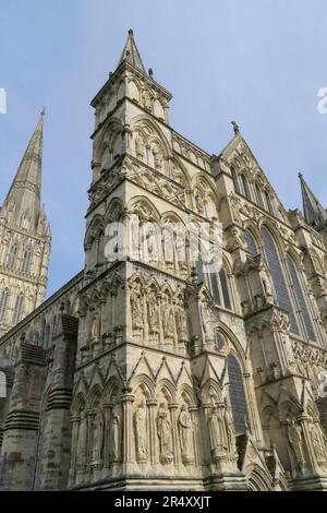 Salisbury Cattedrale nel tardo pomeriggio sole. Costruito tra il 1220 e il 1238, è noto per la sua guglia di 404 piedi (123m piedi). Anna Watson/Alamy Foto Stock