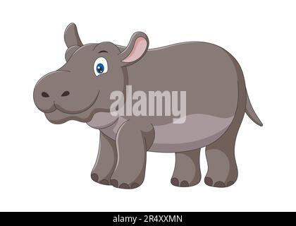 Carino ippopotamo cartone animato. Disegno animale selvatico bambino africano sorridente ippopotamo. Specie sorridente giungla safari animale fiume cavallo. Stampa grafica creativa disegnata a mano. Illustrazione del vettore eps Illustrazione Vettoriale