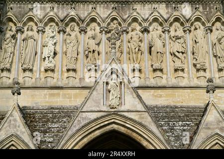 Salisbury Cattedrale nel tardo pomeriggio sole. Costruito tra il 1220 e il 1238, è noto per la sua guglia di 404 piedi (123m piedi). Anna Watson/Alamy Foto Stock