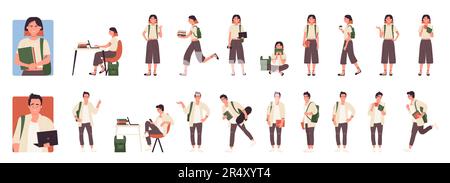 Cartoon studente maschio femmina che tiene una tazza di caffè, posando con libro per studiare, camminare, correre con skateboard isolato. Gli studenti giovani e uomini pongono un set di illustrazioni vettoriali infografiche Illustrazione Vettoriale