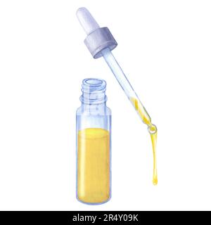 Olio essenziale giallo. Flacone in vetro blu con pipetta. Illustrazione di acquerello disegnata a mano isolata su sfondo bianco. Per la bellezza del packaging cosmetico Foto Stock