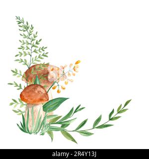 Composizione degli angoli della foresta acquerello. Funghi porcini, rami verdi, fiori gialli. Illustrazione botanica disegnata a mano isolata su bianco Foto Stock