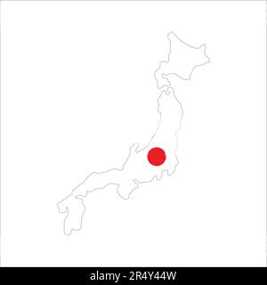 Mappa del Giappone con sole rosso su sfondo grigio. Illustrazione vettoriale. Illustrazione Vettoriale
