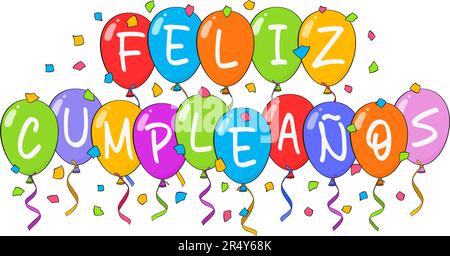 Felice compleanno in portoghese (Feliz aniversário) con palloncini colorati e confetti. Cartone animato. Illustrazione vettoriale. Isolato su fondo bianco gr Illustrazione Vettoriale