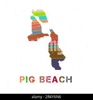 Disegno mappa di Pig Beach. Forma dell'isola con belle onde geometriche e texture grunge. Illustrazione vettoriale trendy. Illustrazione Vettoriale