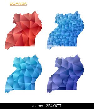 Insieme di mappe poligonali vettoriali dell'Uganda. Mappa del paese con gradiente luminoso in basso stile polietilene. Illustrazione Vettoriale