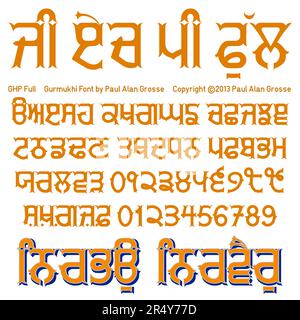 Gurmukhi Font Sampler - GHP carattere completo disegnato nel 2013 da Paul Alan Grosse - le lettere dei penti e numeri. Senza paura - senza odio. Foto Stock