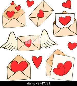 Amore lettere e cuori. Set di icone del giorno di San Valentino. Icone cartoni animati. Illustrazione vettoriale Illustrazione Vettoriale